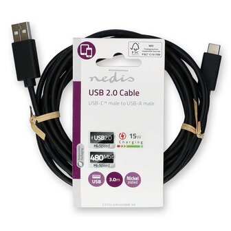 Nedis USB 2.0-Kabel 3,0 m, USB-A &lt; &gt; USB-C, 15 W, 480 Mbit/s