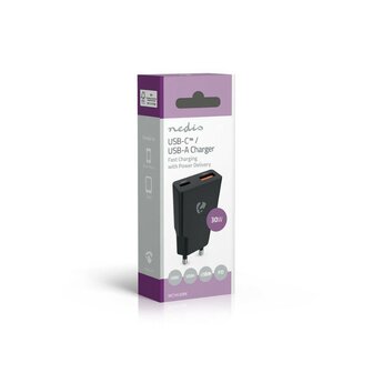 Nedis chargeur USB 30 W GaN PD3.0, charge rapide, s&eacute;lection automatique de la tension, noir