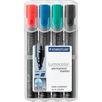 Staedtler marqueur permanent Staedtler Lumocolor 350 &agrave; pointe biseaut&eacute;e, lot de 4 couleurs
