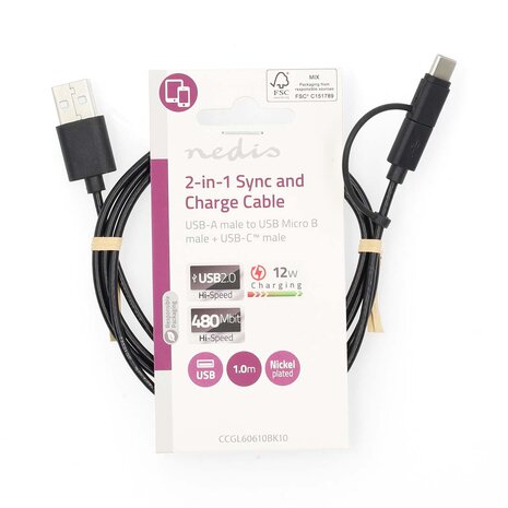 Câble Nedis USB 2.0 2-en-1, 1,0 M, USB-A < > USB Micro-B / USB-C, 12 W, 480 Mbps