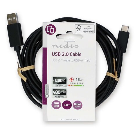 Nedis USB 2.0 cable 3.0M, USB-A < > USB-C, 15W, 480 Mbps