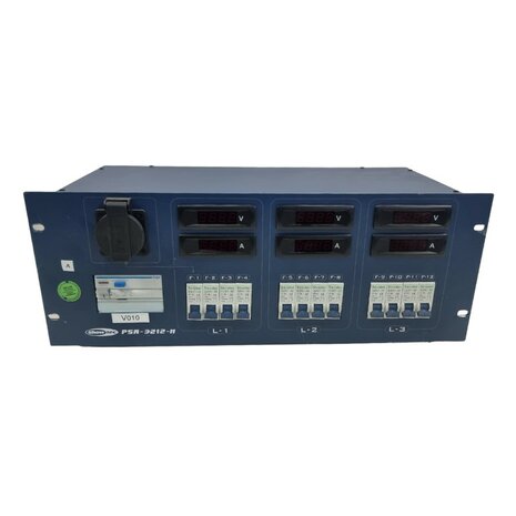 Showtec PSA-3212-H 32A 380V stroomverdeler > 6x 16A schuko 230V + 2x Harting 16P Multipin uit