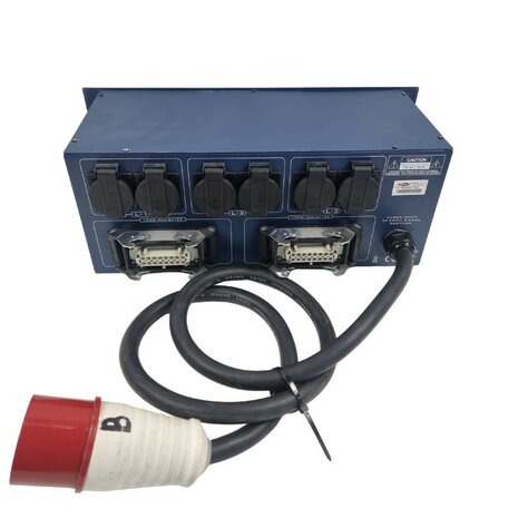 Showtec PSA-3212-H 32A 380V stroomverdeler > 6x 16A schuko 230V + 2x Harting 16P Multipin uit