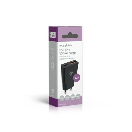Nedis chargeur USB 30 W GaN PD3.0, charge rapide, sélection automatique de la tension, noir