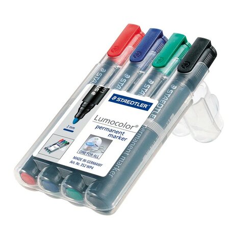 Staedtler marqueur permanent Staedtler Lumocolor 350 &agrave; pointe biseaut&eacute;e, lot de 4 couleurs